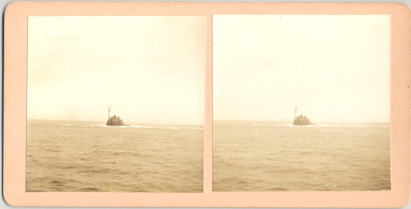 22307. (stereoview) Unknown Lighthouse on Island Off Coast c.1900. FREE if you identify.