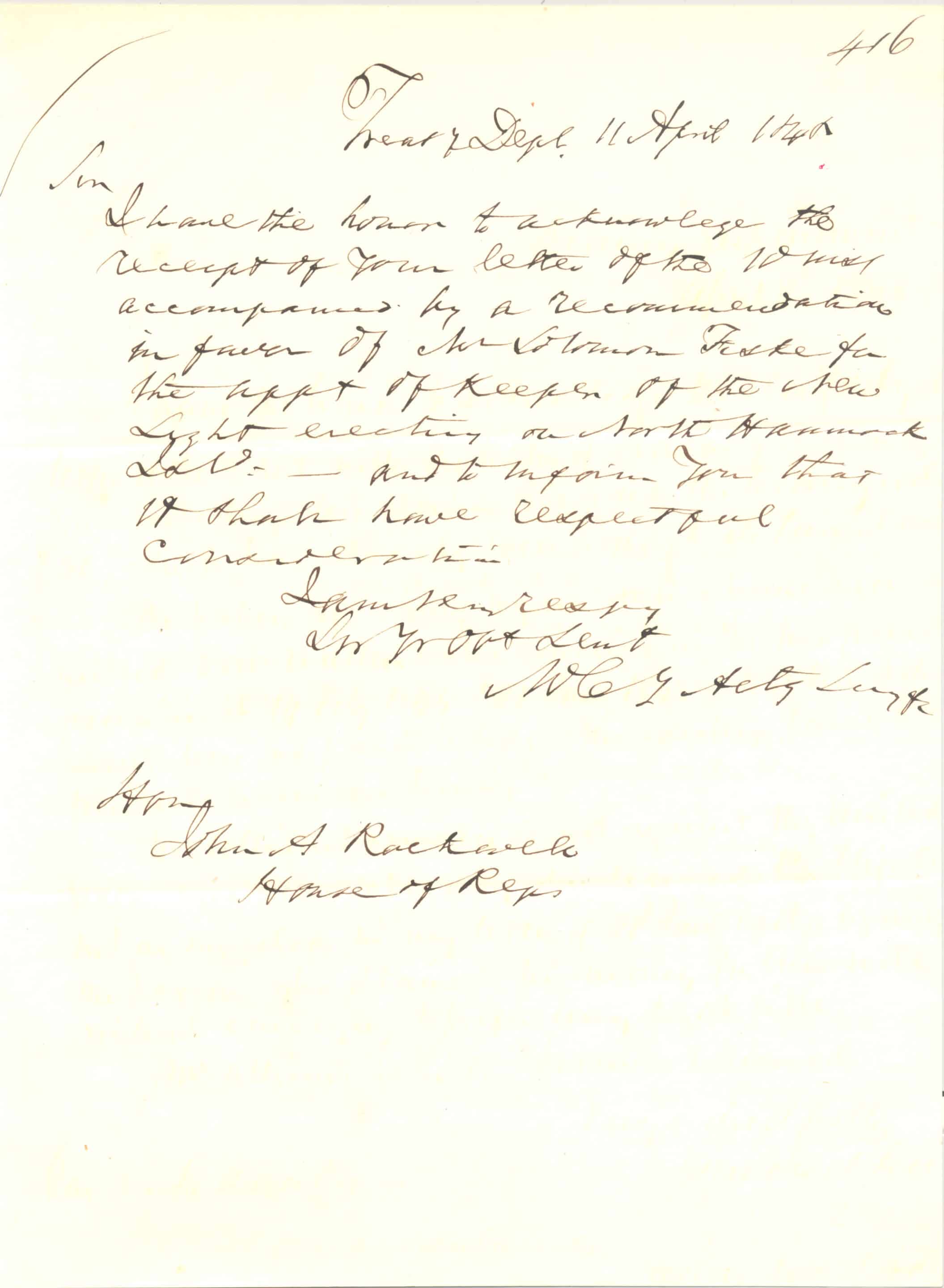 6377. (document) Light-House Keeper North Hammock…. April 11, 1848.