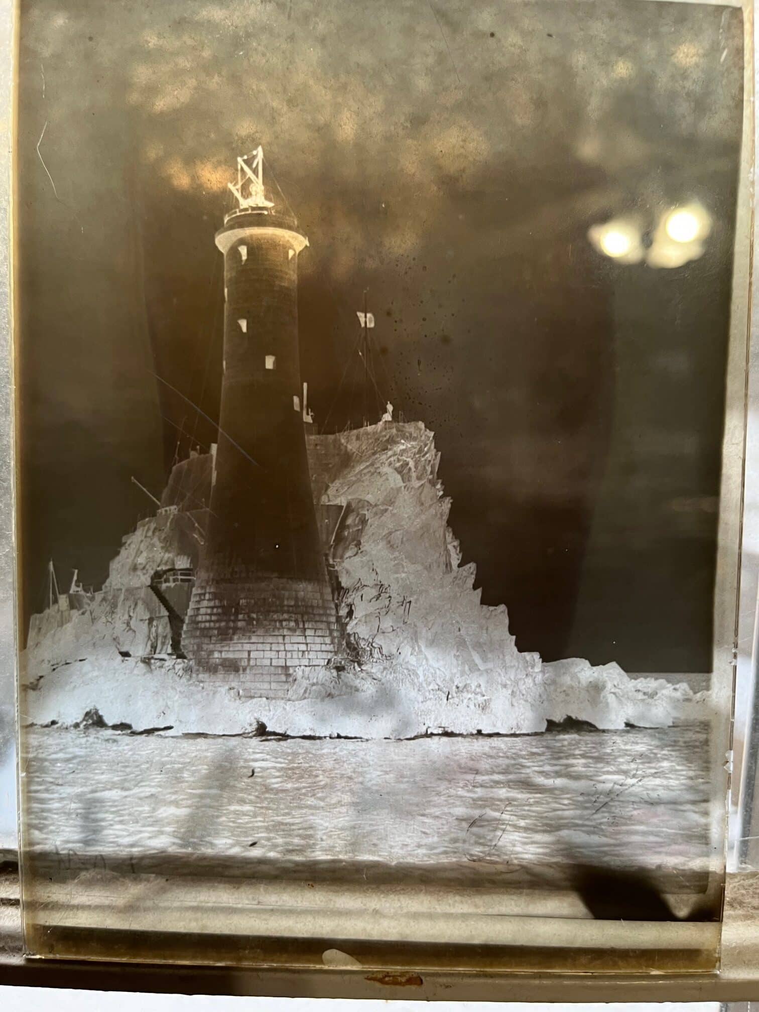 33123. (glass plate negative) Fastnet Rock Lighthouse Under Construction, Ireland. c.1901