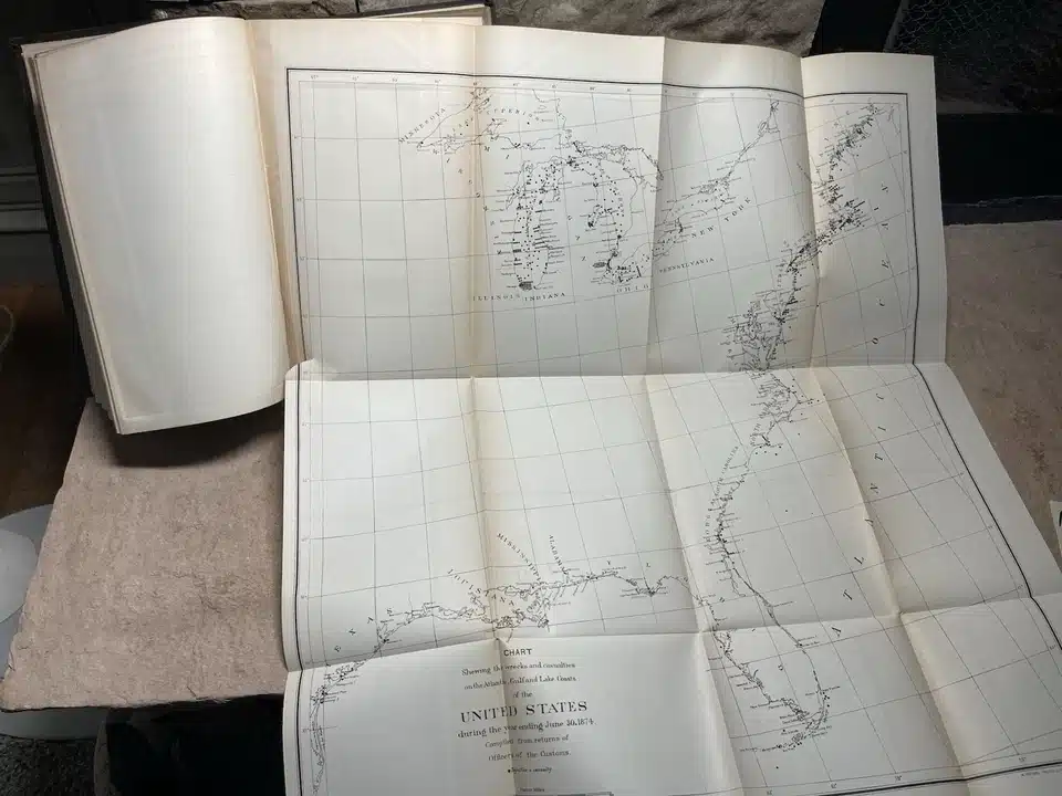 34024. (shipwreck report & charts) Annual Report of the Secretary of the Treasury on the State of the Finances For the Year 1874, Report of Light House Board. Wash. GPO. 1874. 762p.