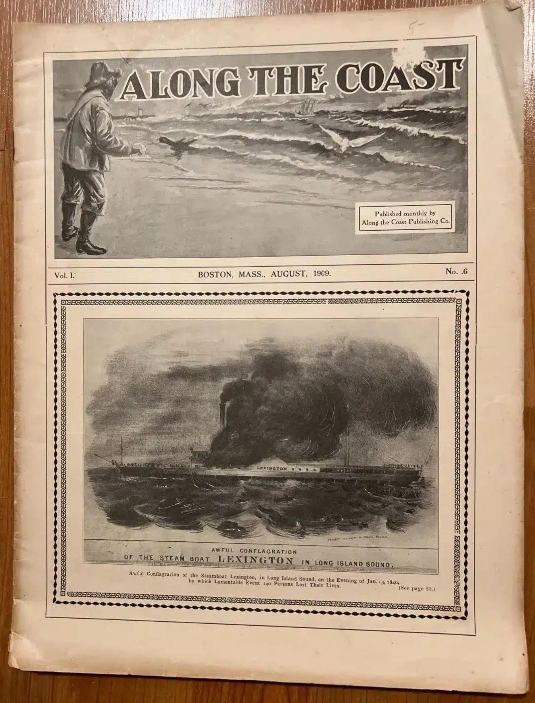 27284e. (magazine) Along the Coast – Official Organ of the Surfman’s Mutual Benefit Association. Along the Coast Publishing. Boston. Volume 1 No. 6. August 1909.