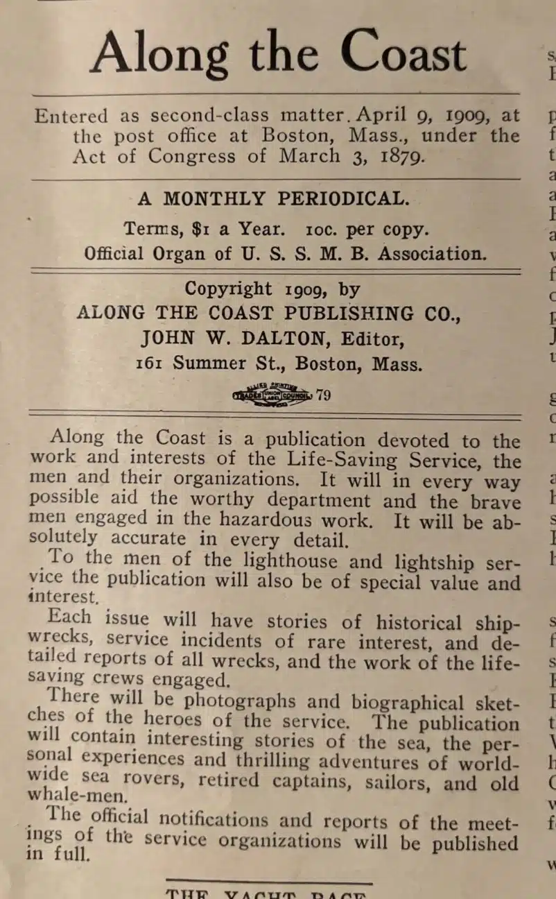 27284e. (magazine) Along the Coast – Official Organ of the Surfman’s Mutual Benefit Association. Along the Coast Publishing. Boston. Volume 1 No. 6. August 1909. - Image 2