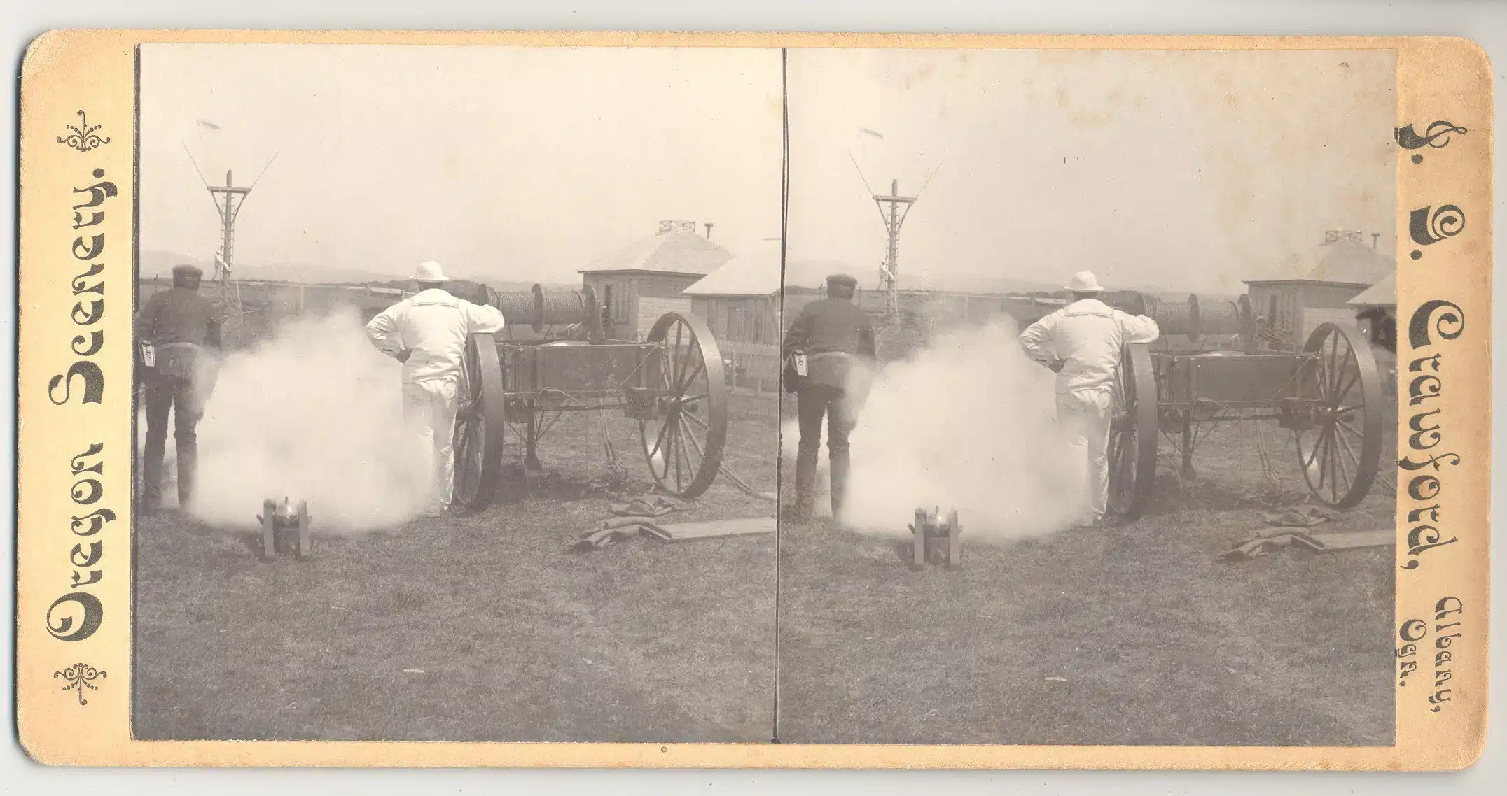 35042. (stereoview) Firing the Life Line – U.S. Life Saving Service Drill, Newport, Oregon c.1900