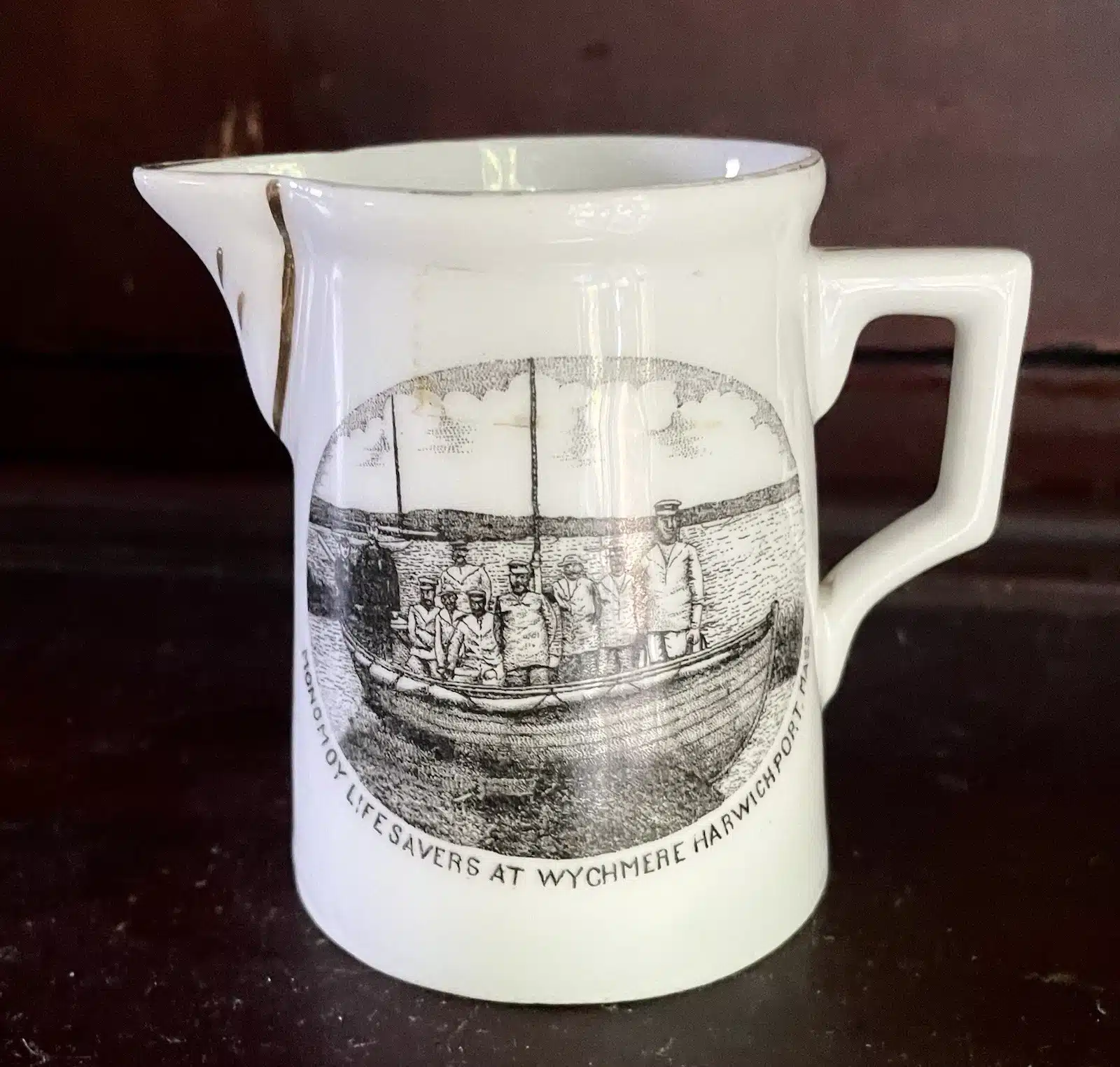 35044. (souvenir creamer) MONOMOY LIFE SAVERS AT WYCHMERE HARWICHPORT, MASS. c.1900.