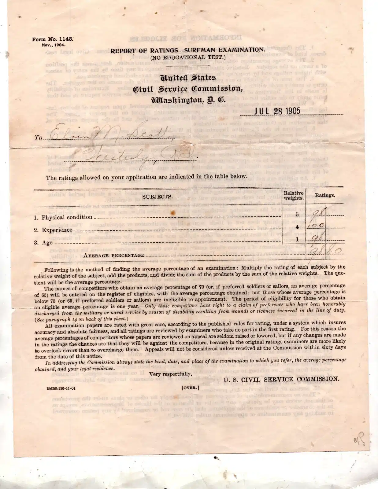 35045. (document) Form 1143. Report of Ratings - Surfman Exam. U.S. Civil Service Commission. c.1905. 2p.
