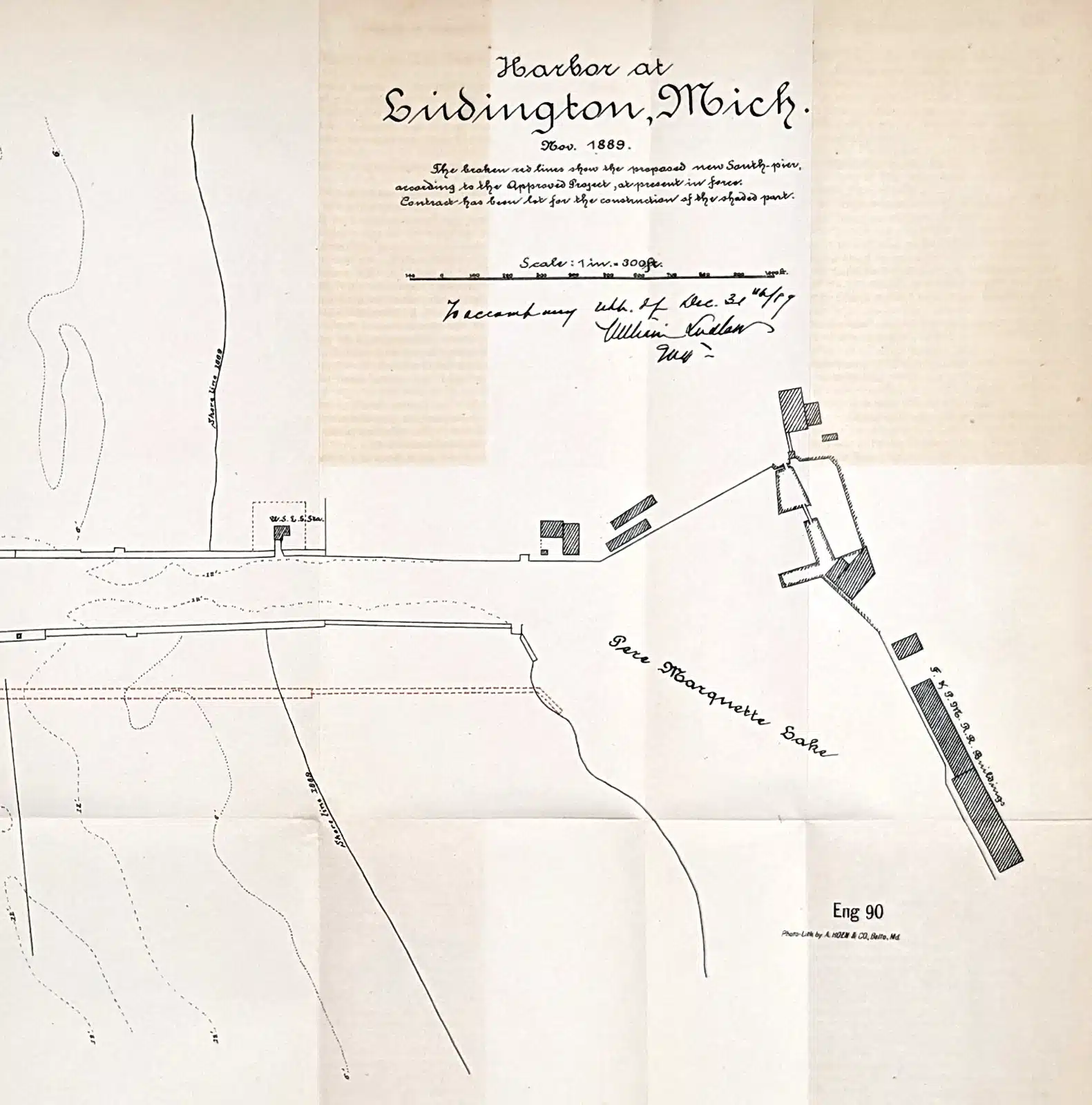 35048. Lake Michigan Harbor Maps Showing Life-Saving Station c.1890.