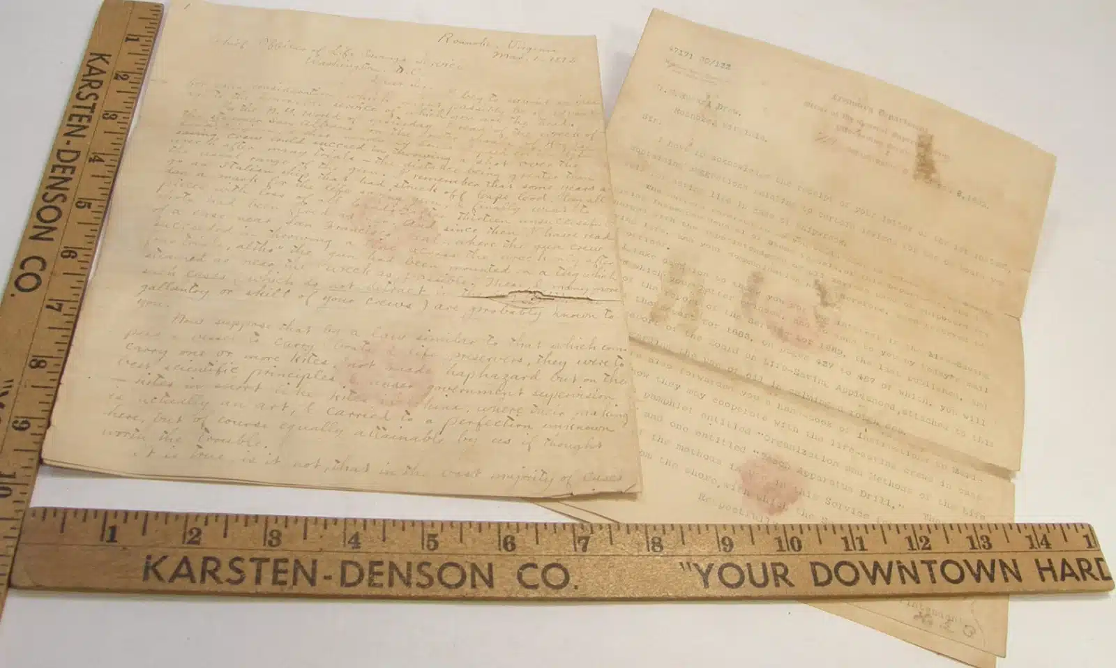 35052. (3 documents) Letter Re: Shipwrecks & Kites with Reply Sumner Kimball U.S. Life-Saving Service. c.1892.