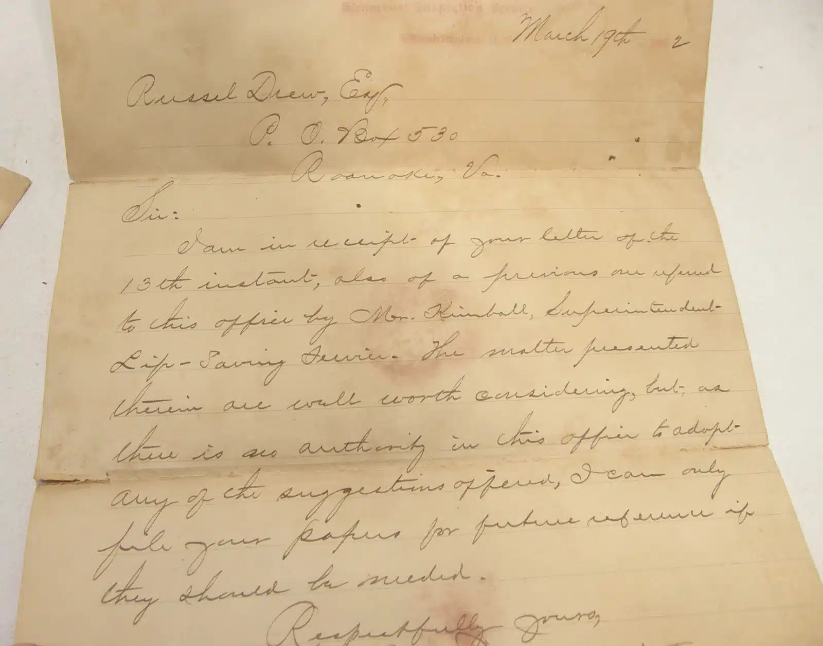35052. (3 documents) Letter Re: Shipwrecks & Kites with Reply Sumner Kimball U.S. Life-Saving Service. c.1892. - Image 2