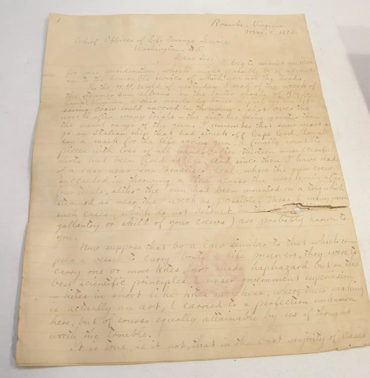 35052. (3 documents) Letter Re: Shipwrecks & Kites with Reply Sumner Kimball U.S. Life-Saving Service. c.1892. - Image 10
