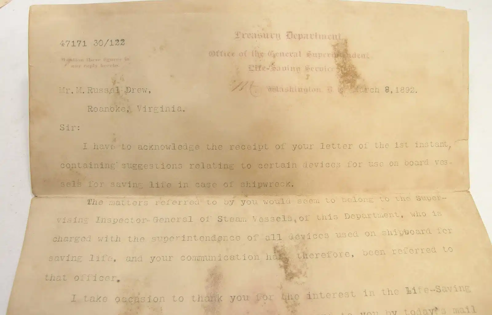 35052. (3 documents) Letter Re: Shipwrecks & Kites with Reply Sumner Kimball U.S. Life-Saving Service. c.1892. - Image 6