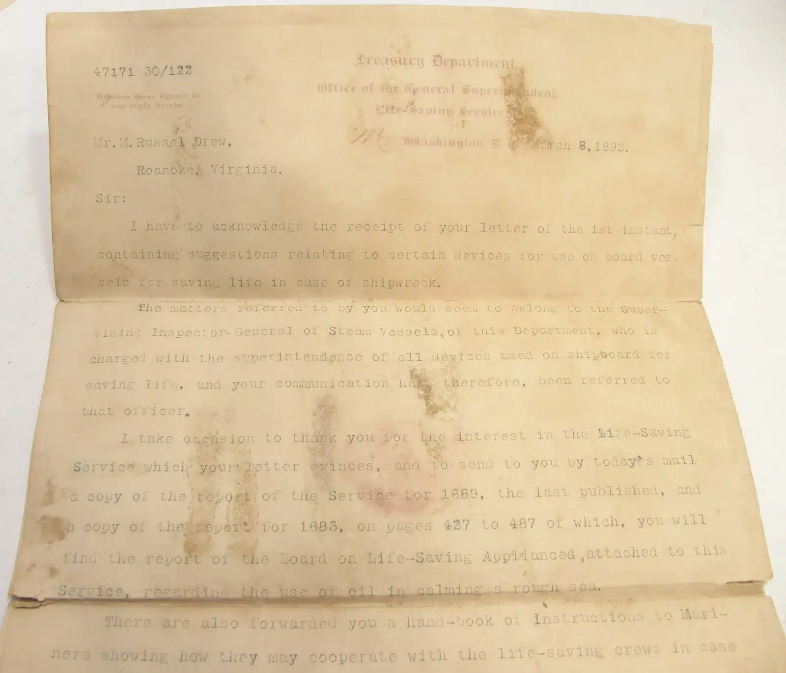 35052. (3 documents) Letter Re: Shipwrecks & Kites with Reply Sumner Kimball U.S. Life-Saving Service. c.1892. - Image 5