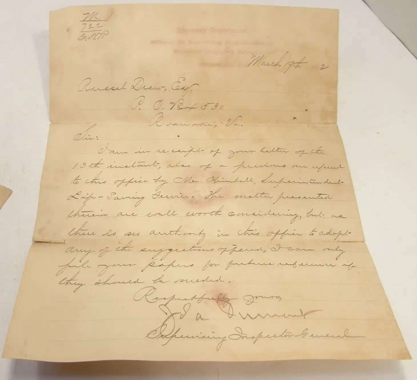35052. (3 documents) Letter Re: Shipwrecks & Kites with Reply Sumner Kimball U.S. Life-Saving Service. c.1892. - Image 4