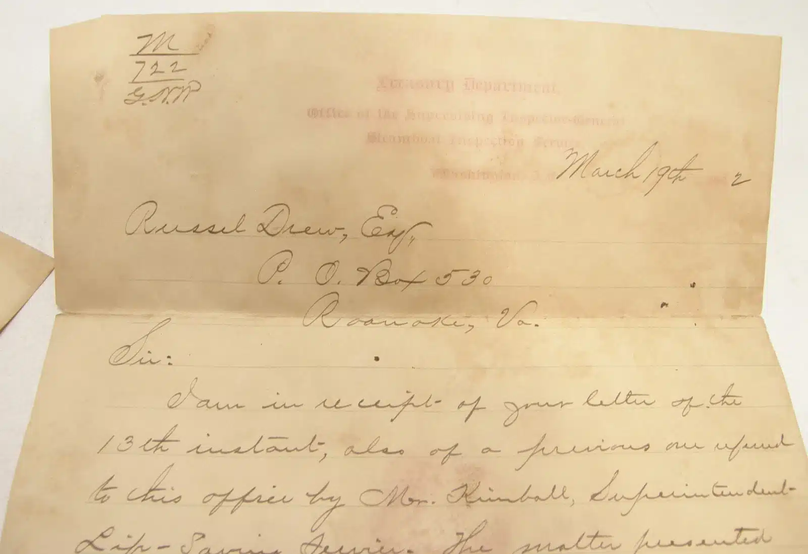 35052. (3 documents) Letter Re: Shipwrecks & Kites with Reply Sumner Kimball U.S. Life-Saving Service. c.1892. - Image 3
